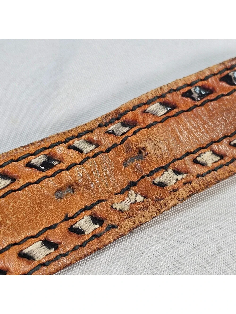 Vintage Tan Leather Whipstitch Belt Mens Brown Woven Boho Western 41.5 Inch